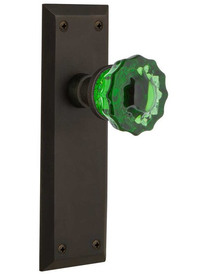 New York Door Set with Colored Fluted Crystal Glass Knobs Emerald in Oil-Rubbed Bronze.
